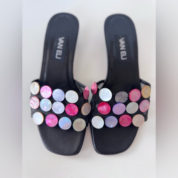 Vintage 90s Y2K VANELI Sequin Shell Slip On Wedge Sandals Shoes Size 7.5 *FLAWS - Picture 3 of 10